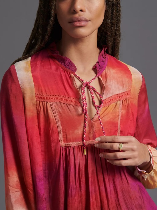 Conditions Apply Tops - Conditions Apply Tie-Neck Ombre Peasant Blouse in Warm Sunset Colors